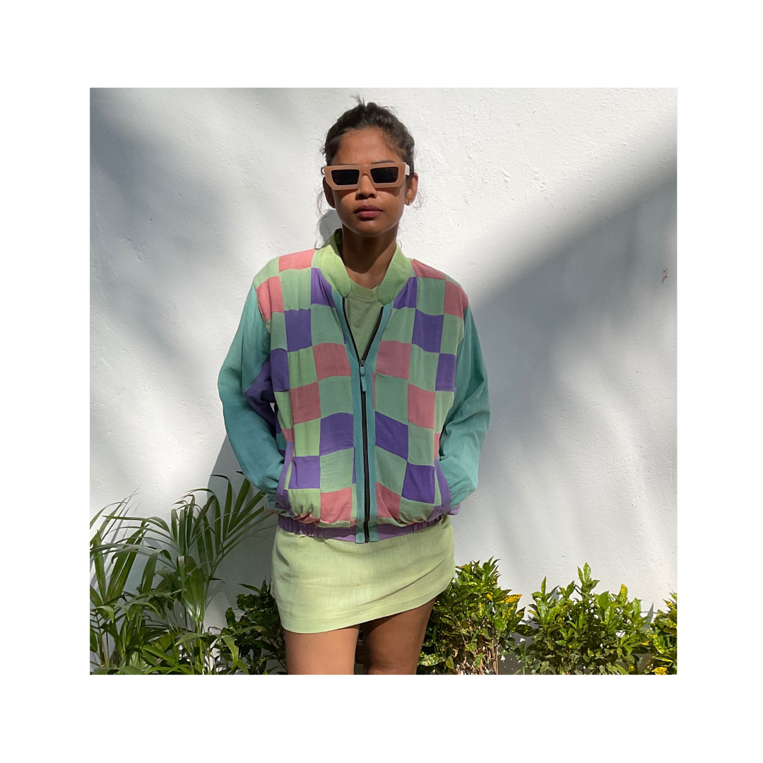 Short Bomber Jacket -
Kala Cotton Fabric, Pastel Chess Pattern