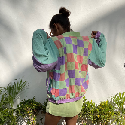 Short Bomber Jacket -
Kala Cotton Fabric, Pastel Chess Pattern